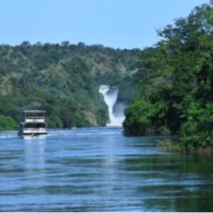 Waterfalls with a tourist boat in the distance