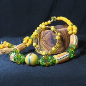 Handmade beaded and painted yellow necklace set with earrings and bracelet