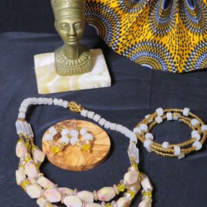 Handmade beaded and painted yellow necklace set with earrings and bracelet